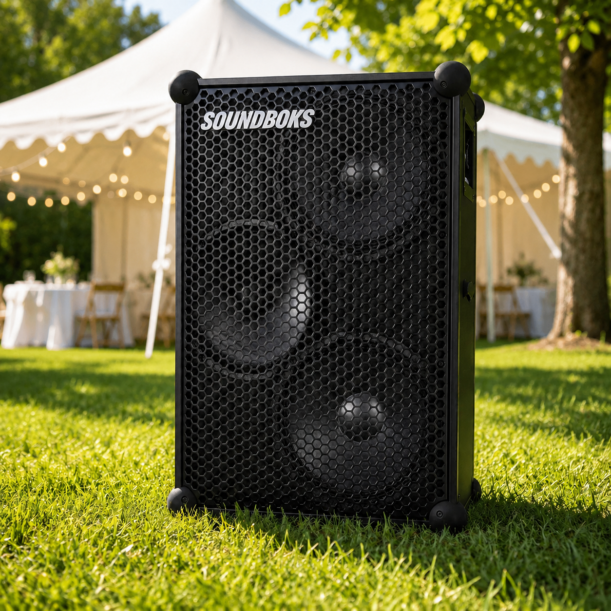 Soundboks festhøyttaler på en sommerfest utendørs